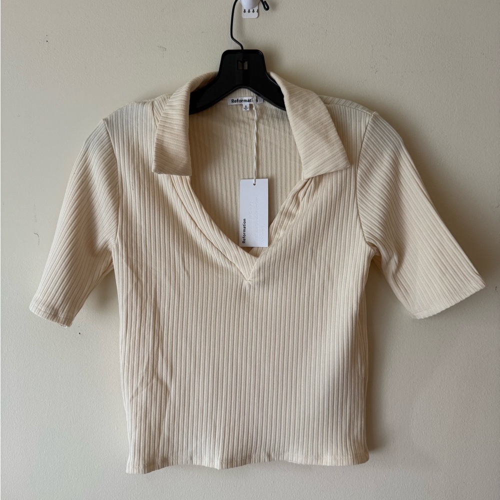 Reformation Thomas Knit Cream Ribbed Blouse